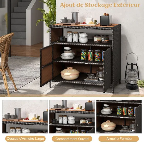 Armoire de Rangement Exterieur en Rotin Armoire de Jardin avec Plateau en Bois d'Acacia Compartiment Ouvert Buffet à 2 Portes Marron