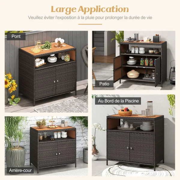 Armoire de Rangement Exterieur en Rotin Armoire de Jardin avec Plateau en Bois d'Acacia Compartiment Ouvert Buffet à 2 Portes Marron