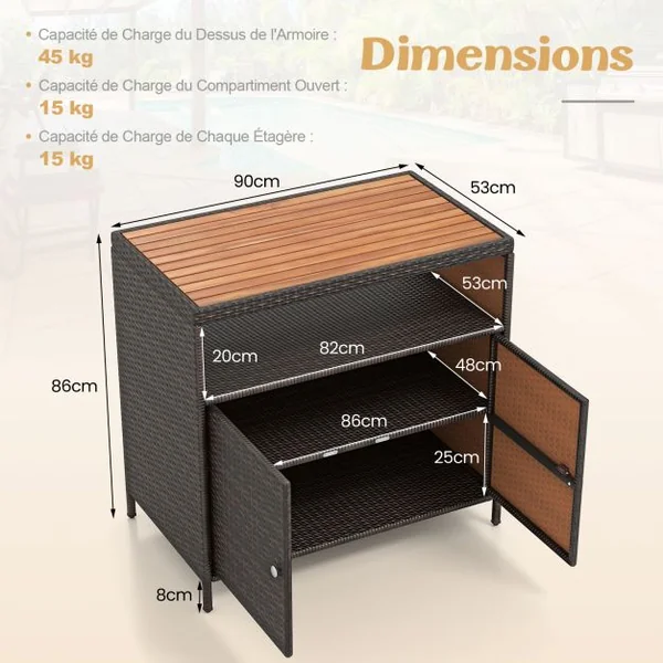 Armoire de Rangement Exterieur en Rotin Armoire de Jardin avec Plateau en Bois d'Acacia Compartiment Ouvert Buffet à 2 Portes Marron