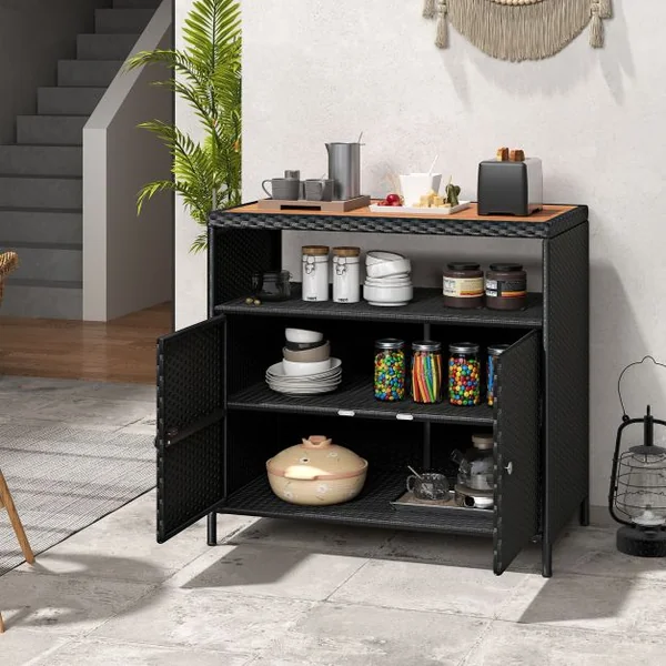 Armoire de Rangement Exterieur en Rotin Armoire de Jardin avec Plateau en Bois d'Acacia Compartiment Ouvert Buffet à 2 Portes Noir