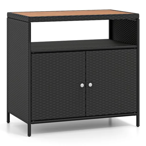Armoire de Rangement Exterieur en Rotin Armoire de Jardin avec Plateau en Bois d'Acacia Compartiment Ouvert Buffet à 2 Portes Noir