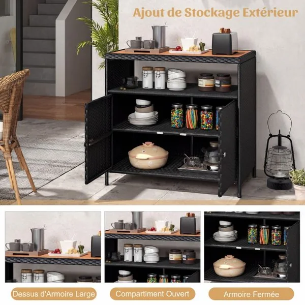 Armoire de Rangement Exterieur en Rotin Armoire de Jardin avec Plateau en Bois d'Acacia Compartiment Ouvert Buffet à 2 Portes Noir