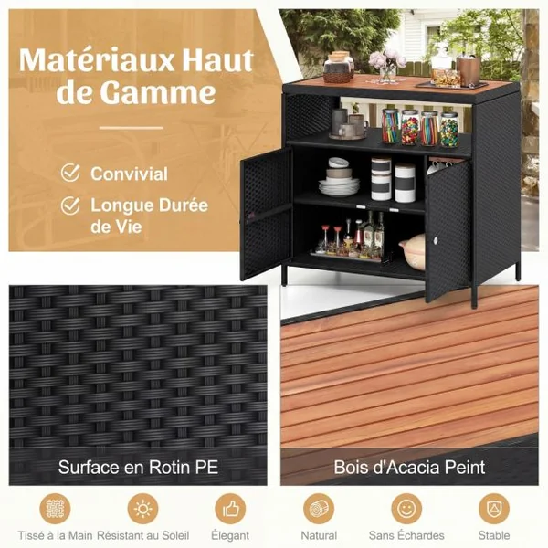 Armoire de Rangement Exterieur en Rotin Armoire de Jardin avec Plateau en Bois d'Acacia Compartiment Ouvert Buffet à 2 Portes Noir