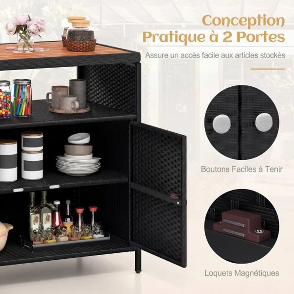 Armoire de Rangement Exterieur en Rotin Armoire de Jardin avec Plateau en Bois d'Acacia Compartiment Ouvert Buffet à 2 Portes Noir