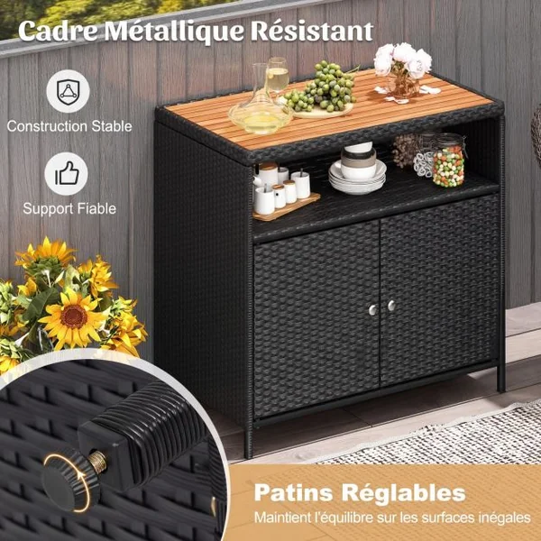 Armoire de Rangement Exterieur en Rotin Armoire de Jardin avec Plateau en Bois d'Acacia Compartiment Ouvert Buffet à 2 Portes Noir