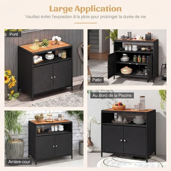 Armoire de Rangement Exterieur en Rotin Armoire de Jardin avec Plateau en Bois d'Acacia Compartiment Ouvert Buffet à 2 Portes Noir