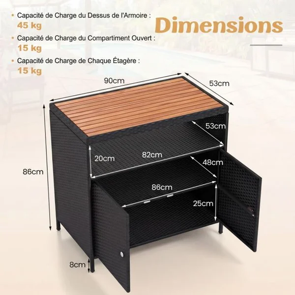 Armoire de Rangement Exterieur en Rotin Armoire de Jardin avec Plateau en Bois d'Acacia Compartiment Ouvert Buffet à 2 Portes Noir