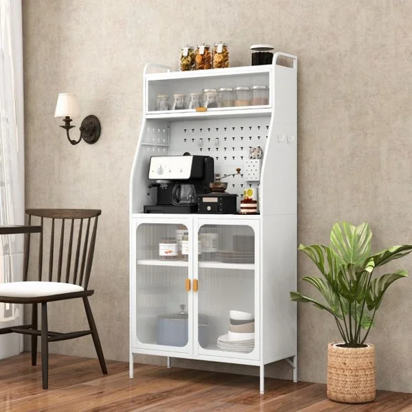 Armoire de Rangement Meuble Autoportant avec Panneau Perforé Portes Transparentes Étagère Réglable 8 Crochets 1 Panier Suspendu Support Blanc