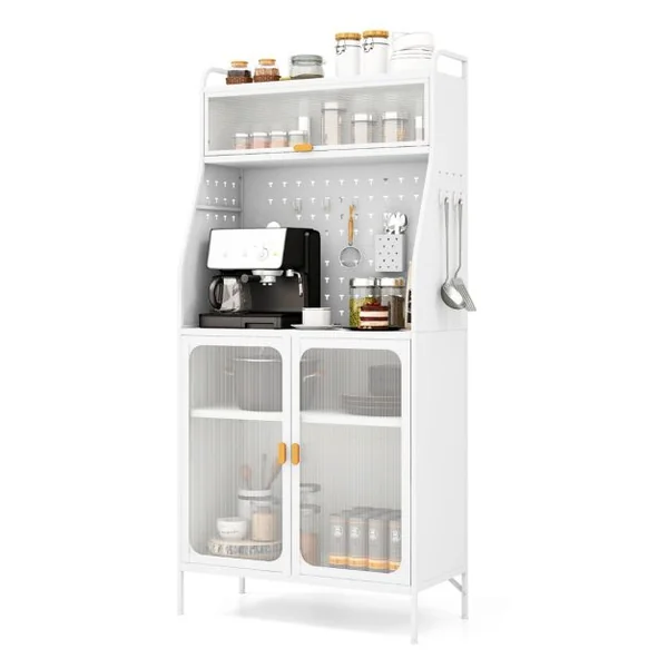Armoire de Rangement Meuble Autoportant avec Panneau Perforé Portes Transparentes Étagère Réglable 8 Crochets 1 Panier Suspendu Support Blanc