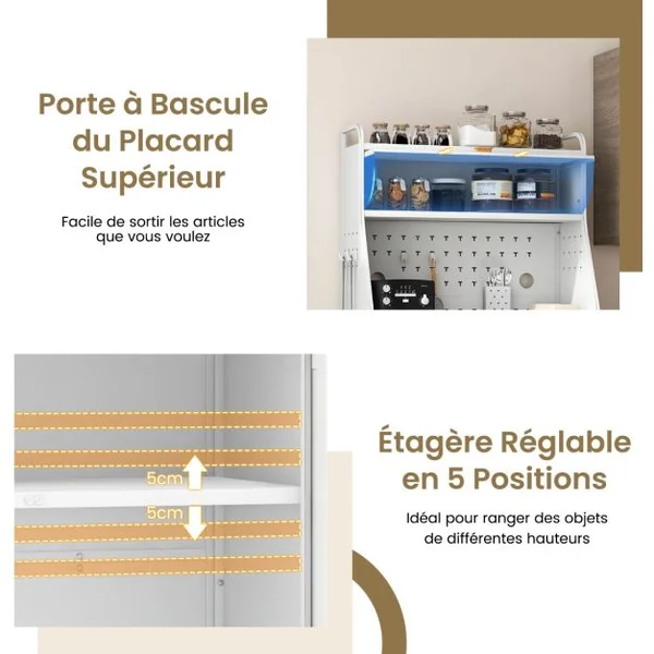Armoire de Rangement Meuble Autoportant avec Panneau Perforé Portes Transparentes Étagère Réglable 8 Crochets 1 Panier Suspendu Support Blanc