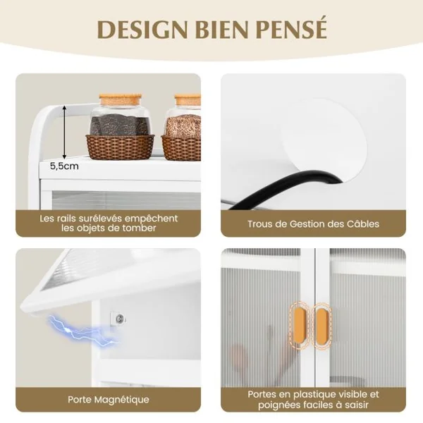 Armoire de Rangement Meuble Autoportant avec Panneau Perforé Portes Transparentes Étagère Réglable 8 Crochets 1 Panier Suspendu Support Blanc