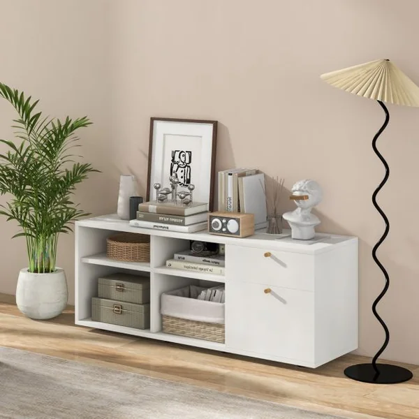 Armoire de Rangement Meuble d'Entrée avec 2 Tiroirs 4 Cubes Pieds Réglables Vitrine Basse Autoportante pour Bureau Salon Chambre Blanc