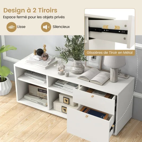 Armoire de Rangement Meuble d'Entrée avec 2 Tiroirs 4 Cubes Pieds Réglables Vitrine Basse Autoportante pour Bureau Salon Chambre Blanc
