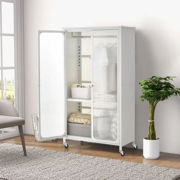 Armoire de Rangement Mobile Armoire Penderie à 2 Portes Vitrée avec Tringle à Vêtements Armoire Chambre pour Vestiaire Blanc