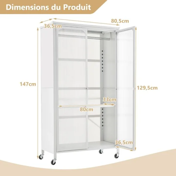Armoire de Rangement Mobile Armoire Penderie à 2 Portes Vitrée avec Tringle à Vêtements Armoire Chambre pour Vestiaire Blanc