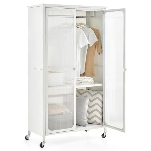 Armoire de Rangement Mobile Armoire Penderie à 2 Portes Vitrée avec Tringle à Vêtements Armoire Chambre pour Vestiaire Blanc