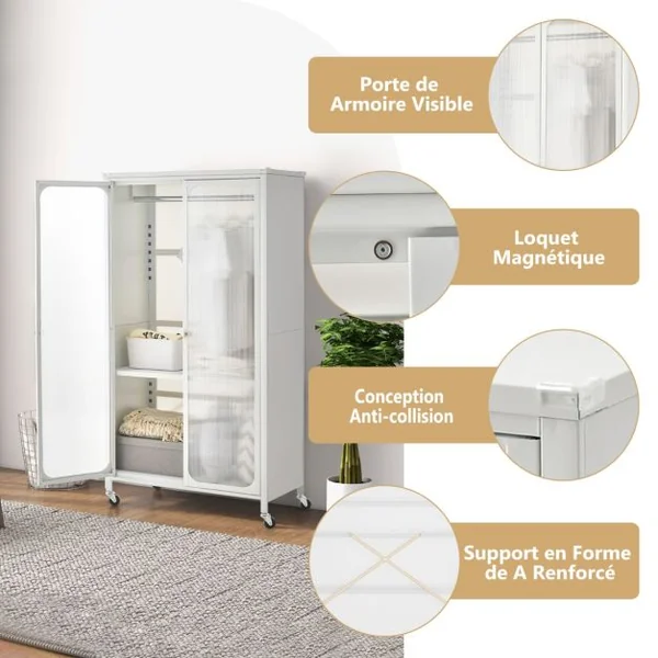 Armoire de Rangement Mobile Armoire Penderie à 2 Portes Vitrée avec Tringle à Vêtements Armoire Chambre pour Vestiaire Blanc