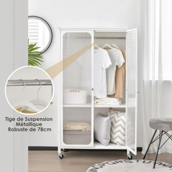 Armoire de Rangement Mobile Armoire Penderie à 2 Portes Vitrée avec Tringle à Vêtements Armoire Chambre pour Vestiaire Blanc