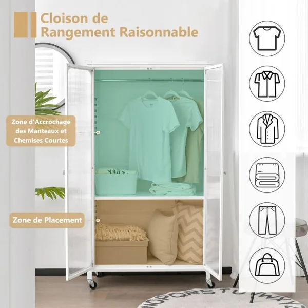 Armoire de Rangement Mobile Armoire Penderie à 2 Portes Vitrée avec Tringle à Vêtements Armoire Chambre pour Vestiaire Blanc