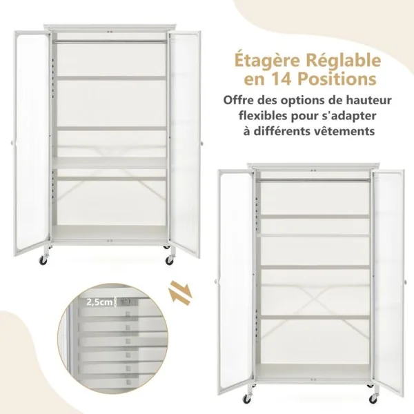 Armoire de Rangement Mobile Armoire Penderie à 2 Portes Vitrée avec Tringle à Vêtements Armoire Chambre pour Vestiaire Blanc