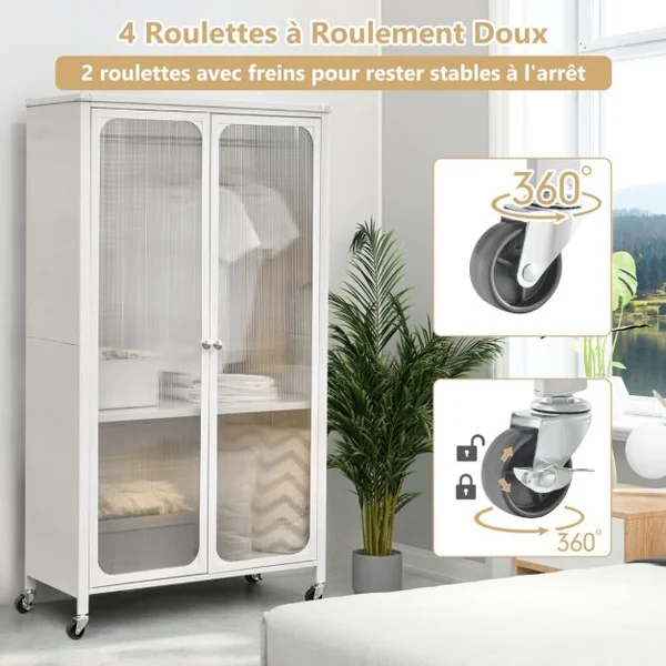 Armoire de Rangement Mobile Armoire Penderie à 2 Portes Vitrée avec Tringle à Vêtements Armoire Chambre pour Vestiaire Blanc