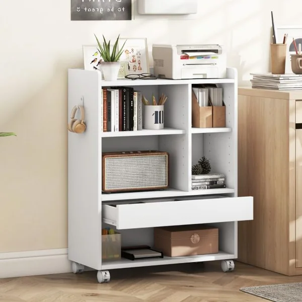 Armoire de Rangement Mobile avec Tiroir Organiseur de Rangement avec Etagères Réglables Compartiments Ouverts Crochets Blanc