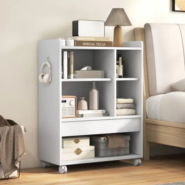 Armoire de Rangement Mobile avec Tiroir Organiseur de Rangement avec Etagères Réglables Compartiments Ouverts Crochets Blanc