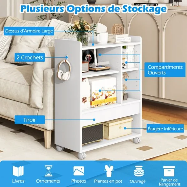 Armoire de Rangement Mobile avec Tiroir Organiseur de Rangement avec Etagères Réglables Compartiments Ouverts Crochets Blanc