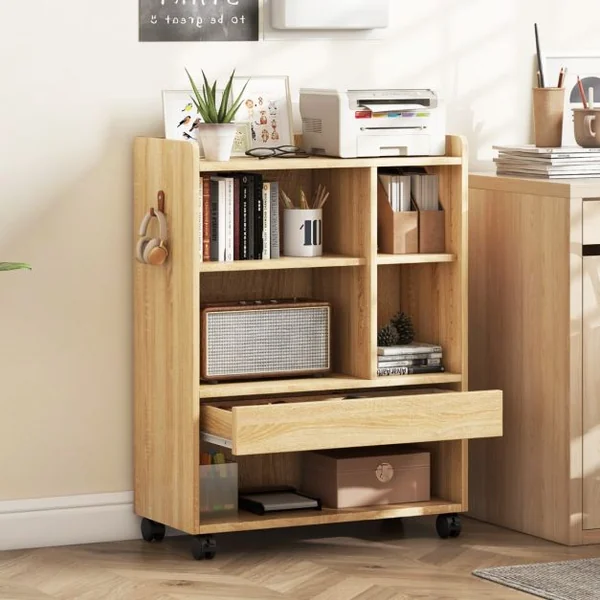Armoire de Rangement Mobile avec Tiroir Organiseur de Rangement avec Etagères Réglables Compartiments Ouverts Crochets Naturel