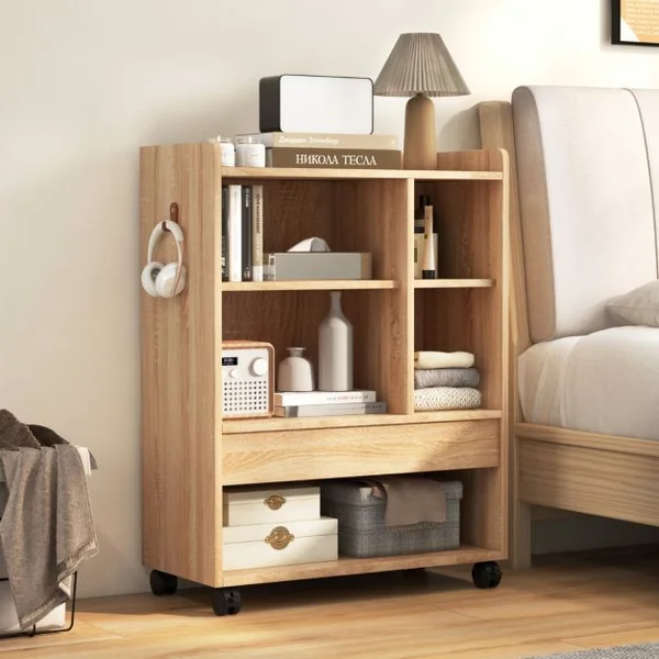 Armoire de Rangement Mobile avec Tiroir Organiseur de Rangement avec Etagères Réglables Compartiments Ouverts Crochets Naturel