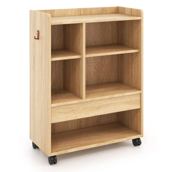 Armoire de Rangement Mobile avec Tiroir Organiseur de Rangement avec Etagères Réglables Compartiments Ouverts Crochets Naturel