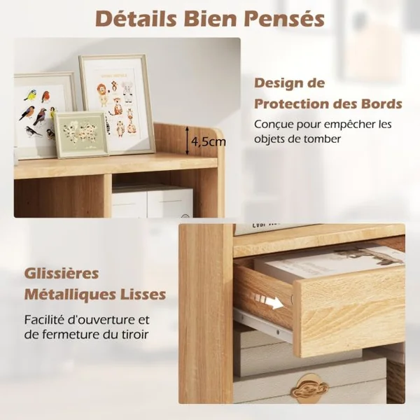 Armoire de Rangement Mobile avec Tiroir Organiseur de Rangement avec Etagères Réglables Compartiments Ouverts Crochets Naturel