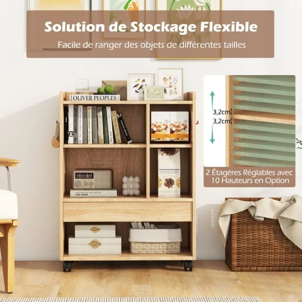 Armoire de Rangement Mobile avec Tiroir Organiseur de Rangement avec Etagères Réglables Compartiments Ouverts Crochets Naturel
