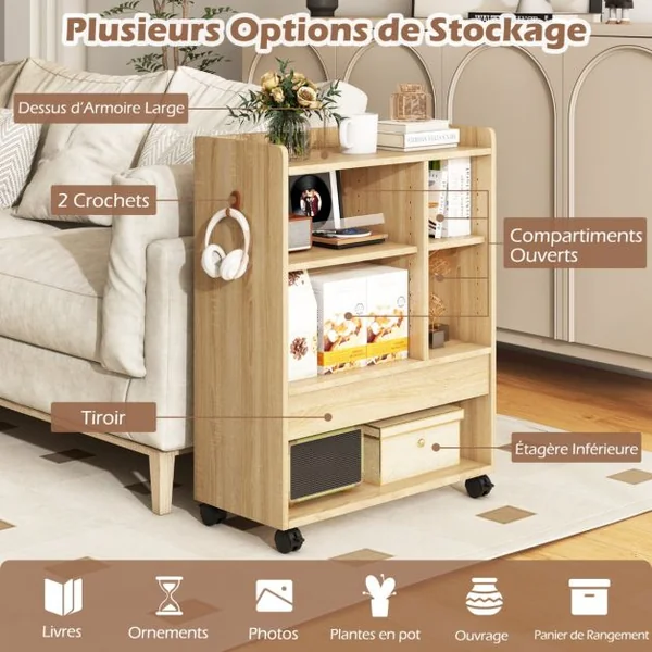 Armoire de Rangement Mobile avec Tiroir Organiseur de Rangement avec Etagères Réglables Compartiments Ouverts Crochets Naturel