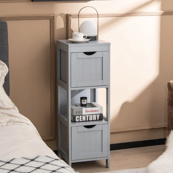 Armoire de Rangement Moderne en Bois Autoportante avec 2 Tiroirs Amovibles Étagère Ouverte Étroite Kit Anti-basculement pour Salon Blanc