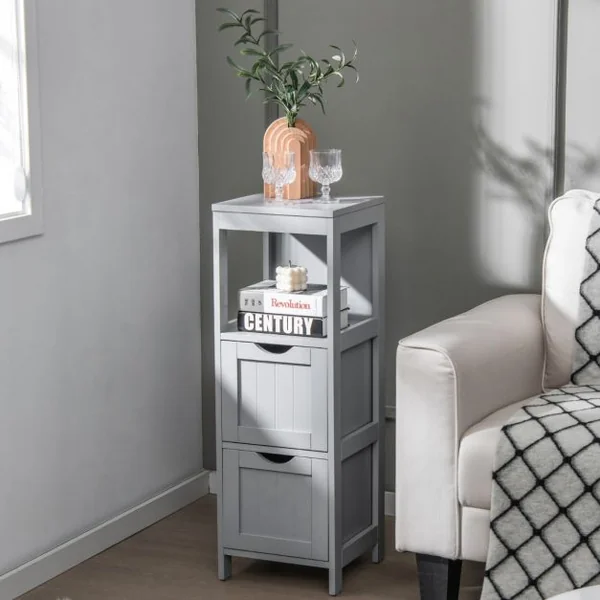 Armoire de Rangement Moderne en Bois Autoportante avec 2 Tiroirs Amovibles Étagère Ouverte Étroite Kit Anti-basculement pour Salon Blanc