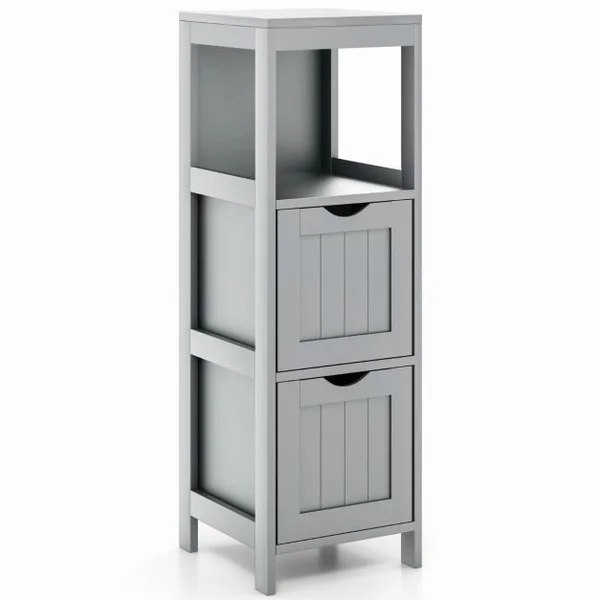 Armoire de Rangement Moderne en Bois Autoportante avec 2 Tiroirs Amovibles Étagère Ouverte Étroite Kit Anti-basculement pour Salon Blanc