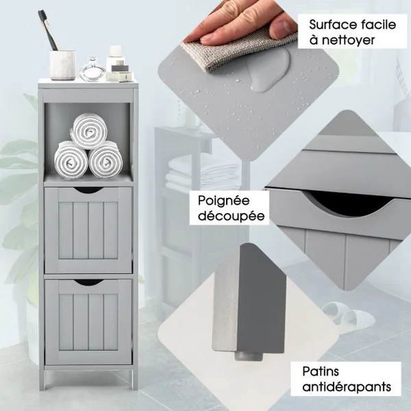 Armoire de Rangement Moderne en Bois Autoportante avec 2 Tiroirs Amovibles Étagère Ouverte Étroite Kit Anti-basculement pour Salon Blanc
