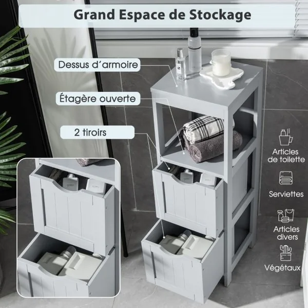 Armoire de Rangement Moderne en Bois Autoportante avec 2 Tiroirs Amovibles Étagère Ouverte Étroite Kit Anti-basculement pour Salon Blanc