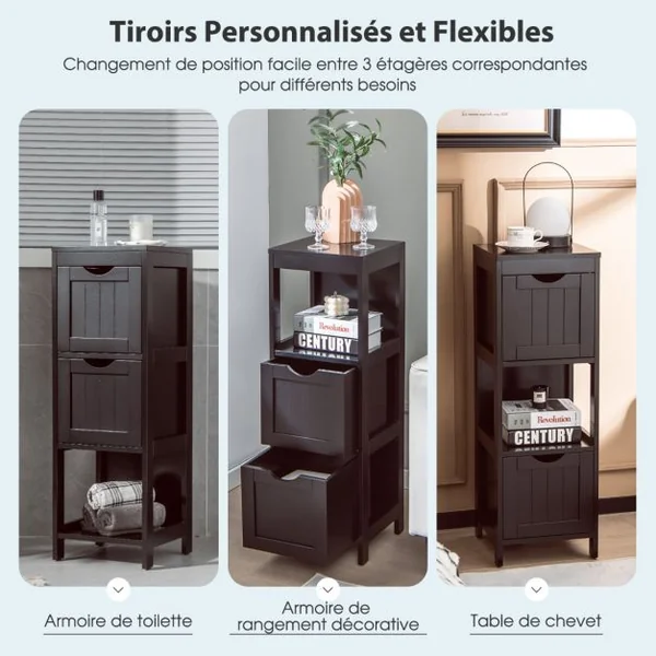 Armoire de Rangement Moderne en Bois Autoportante avec 2 Tiroirs Amovibles Étagère Ouverte Étroite Kit Anti-basculement pour Salon Blanc