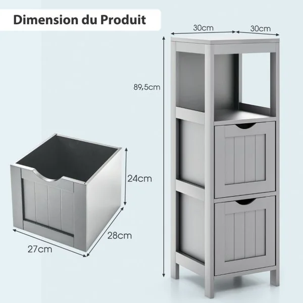 Armoire de Rangement Moderne en Bois Autoportante avec 2 Tiroirs Amovibles Étagère Ouverte Étroite Kit Anti-basculement pour Salon Blanc