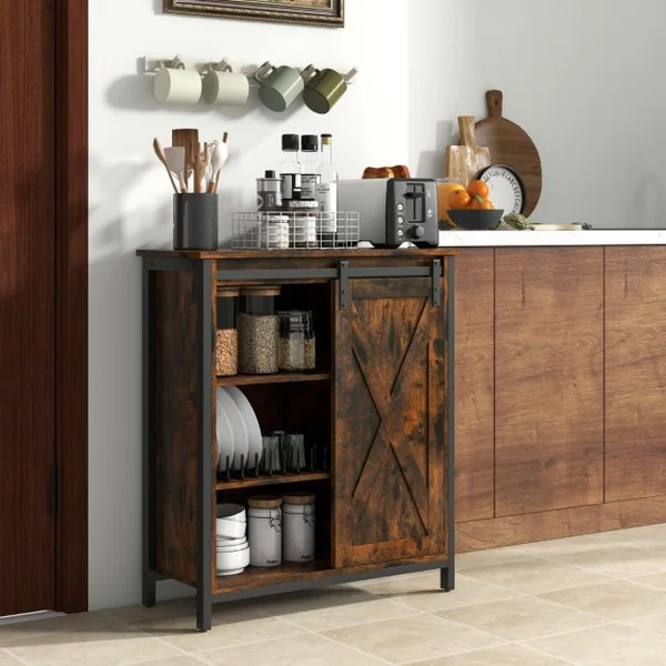Armoire de Rangement Rustique Buffet Rustique avec Porte de Grange Coulissante Etagères Réglables Console de Service Brun Rustique