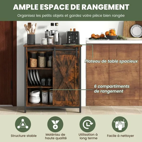Armoire de Rangement Rustique Buffet Rustique avec Porte de Grange Coulissante Etagères Réglables Console de Service Brun Rustique