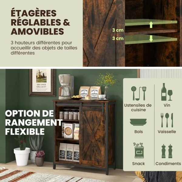 Armoire de Rangement Rustique Buffet Rustique avec Porte de Grange Coulissante Etagères Réglables Console de Service Brun Rustique