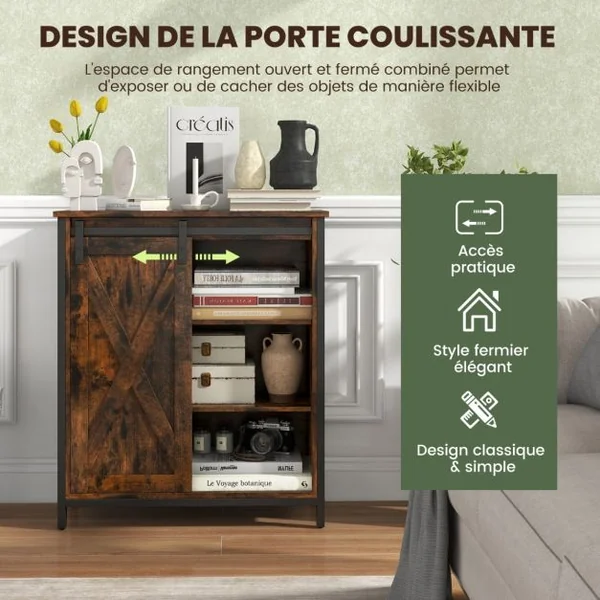 Armoire de Rangement Rustique Buffet Rustique avec Porte de Grange Coulissante Etagères Réglables Console de Service Brun Rustique