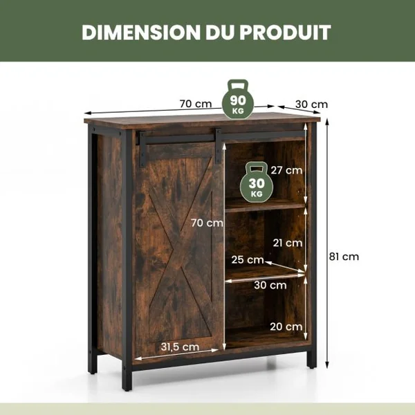 Armoire de Rangement Rustique Buffet Rustique avec Porte de Grange Coulissante Etagères Réglables Console de Service Brun Rustique