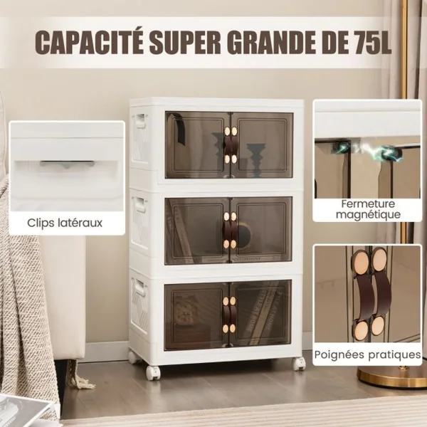 Armoire de Rangement à 3 Bacs Pliables et Empilables Roues Verrouillables Boîtes de Rangement Empilables pour Salon Chambre Blanc