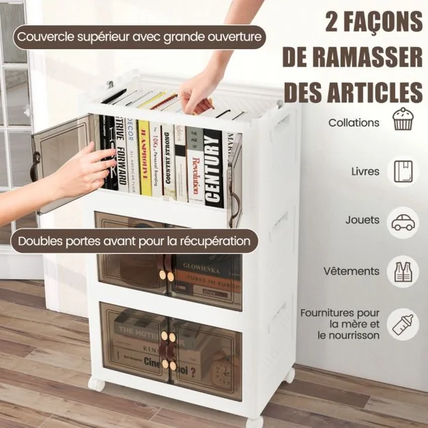 Armoire de Rangement à 3 Bacs Pliables et Empilables Roues Verrouillables Boîtes de Rangement Empilables pour Salon Chambre Blanc