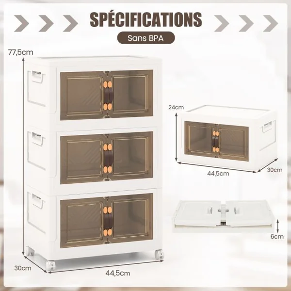 Armoire de Rangement à 3 Bacs Pliables et Empilables Roues Verrouillables Boîtes de Rangement Empilables pour Salon Chambre Blanc