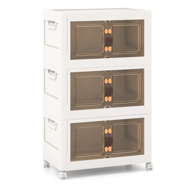 Armoire de Rangement à 3 Bacs Pliables et Empilables Roues Verrouillables Boîtes de Rangement Empilables pour Salon Chambre Placard Blanc